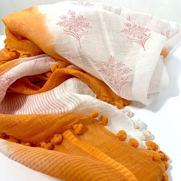 Roberta Roller Rabbit Womens Cotton Abstract Tassel Trim Scarf Orange 78X20" - Picture 2 of 3